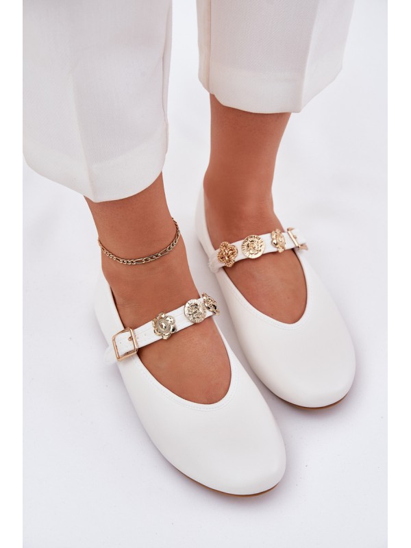 Women's Ballet Flats With Strap And Golden Decorations White Firicene
