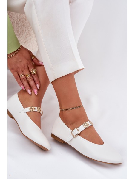 Women's Ballet Flats With Strap And Golden Decorations White Firicene