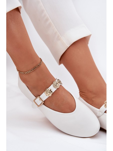 Women's Ballet Flats With Strap And Golden Decorations White Firicene