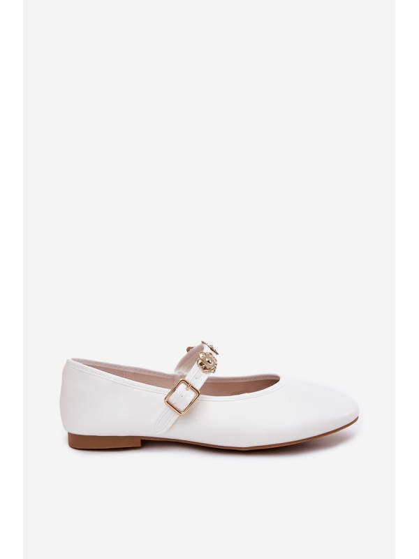 Women's Ballet Flats With Strap And Golden Decorations White Firicene