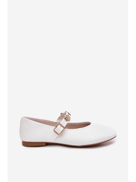 Women's Ballet Flats With Strap And Golden Decorations White Firicene
