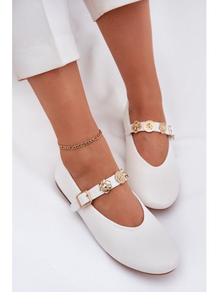 Women's Ballet Flats With Strap And Golden Decorations White Firicene