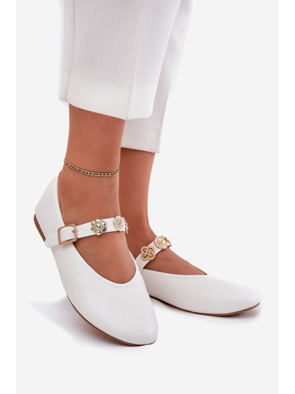 Women's Ballet Flats With Strap And Golden Decorations White Firicene