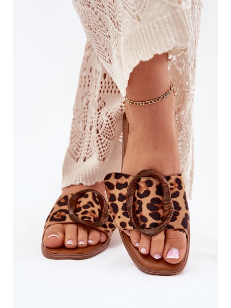 Flat Women's Slippers With Decorative Buckle Leopard Luwam