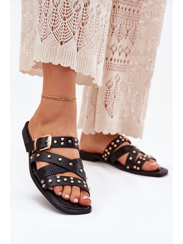 Embellished Women's Slide Sandals On Flat Heel With Straps And Buckle Black Manitte 2