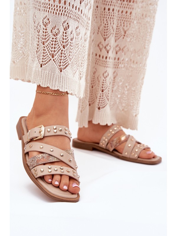 Embellished women sandals on flat heel with straps and buckle beige Manitte 2