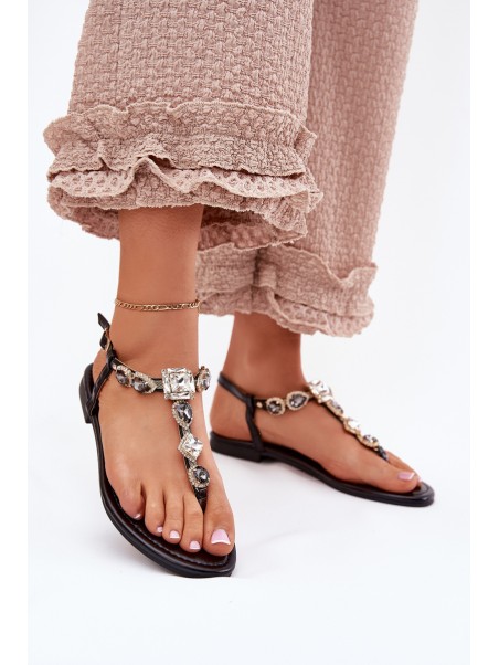 Ladies Flat Sandals With Crystals Black Fiolalia