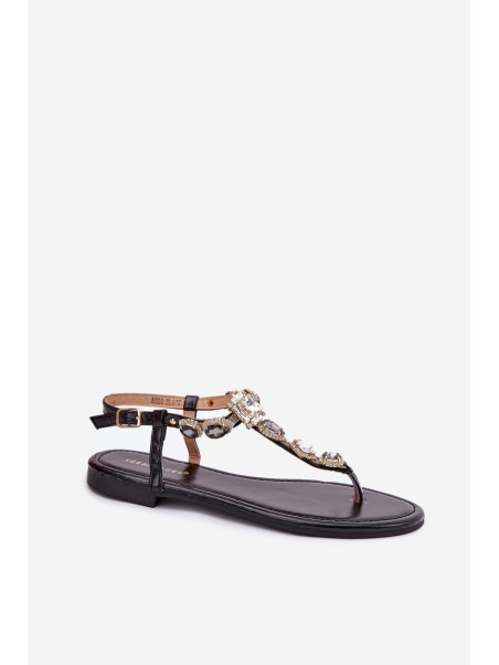 Ladies Flat Sandals With Crystals Black Fiolalia