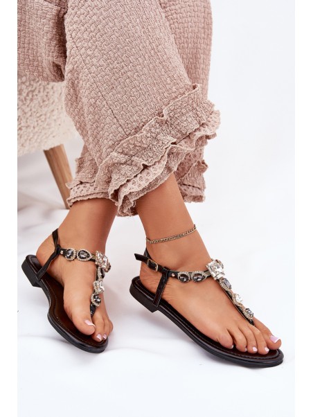 Ladies Flat Sandals With Crystals Black Fiolalia