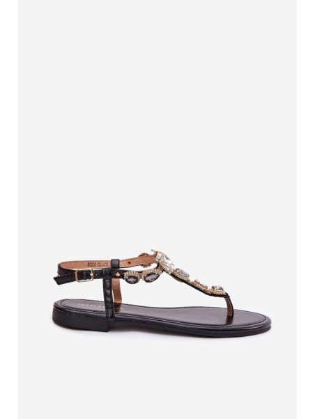 Ladies Flat Sandals With Crystals Black Fiolalia