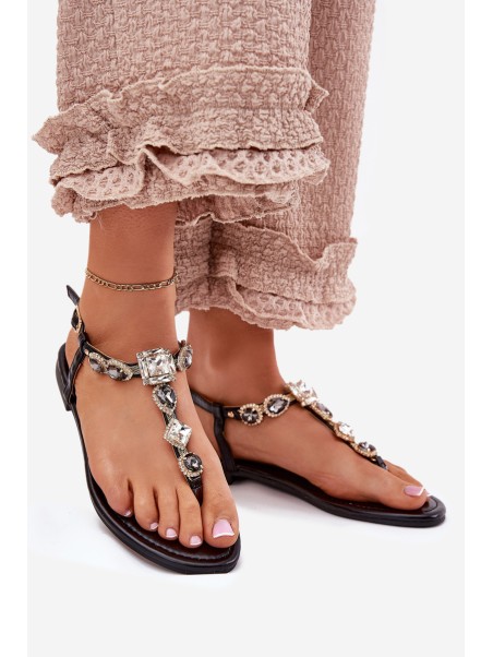 Ladies Flat Sandals With Crystals Black Fiolalia