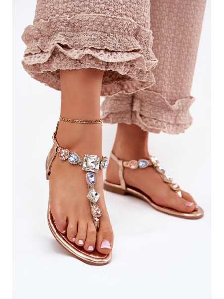 Womens sandals on flat heel with crystals rose gold Fiolalia