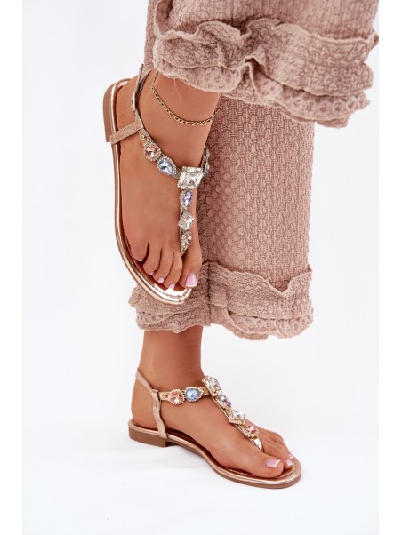 Womens sandals on flat heel with crystals rose gold Fiolalia