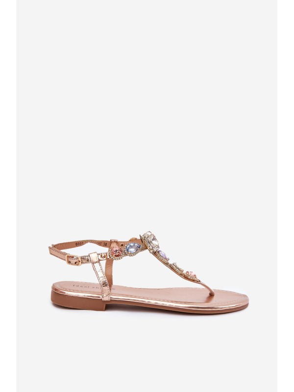 Womens sandals on flat heel with crystals rose gold Fiolalia