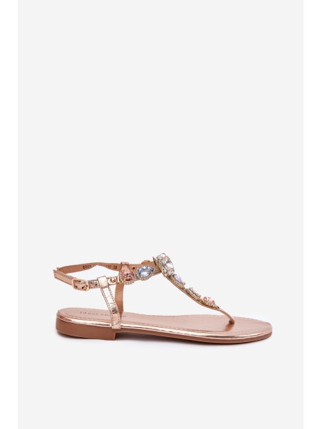Womens sandals on flat heel with crystals rose gold Fiolalia