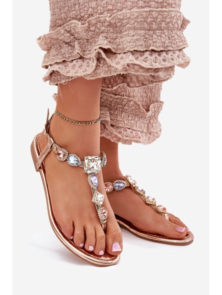 Womens sandals on flat heel with crystals rose gold Fiolalia
