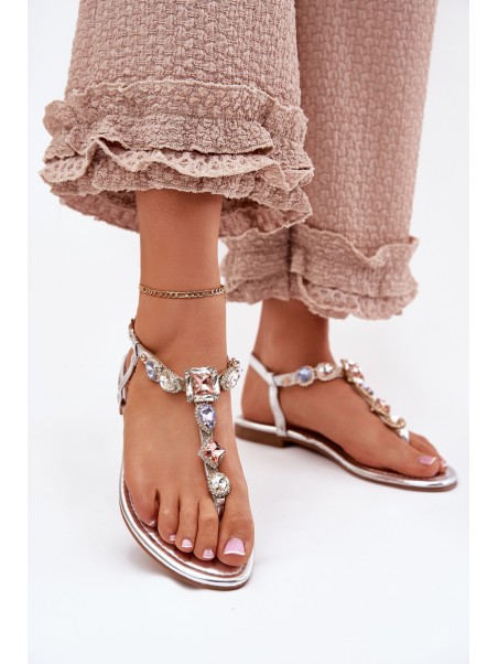 Ladies Sandals On Flat Heel With Crystals Silver Fiolalia