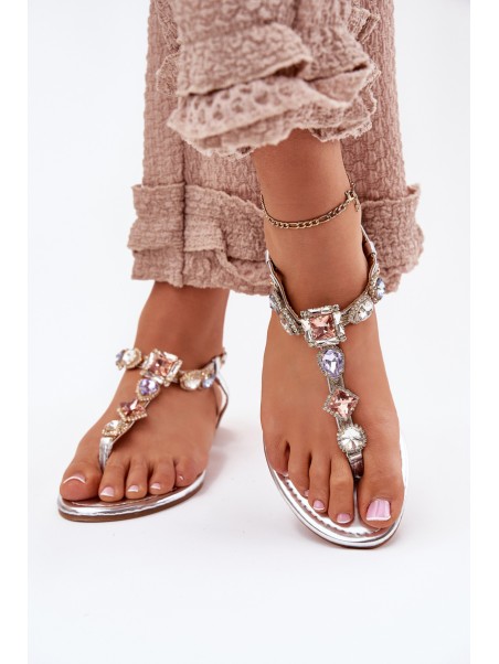 Ladies Sandals On Flat Heel With Crystals Silver Fiolalia