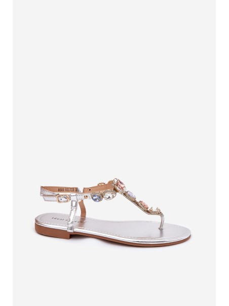 Ladies Sandals On Flat Heel With Crystals Silver Fiolalia