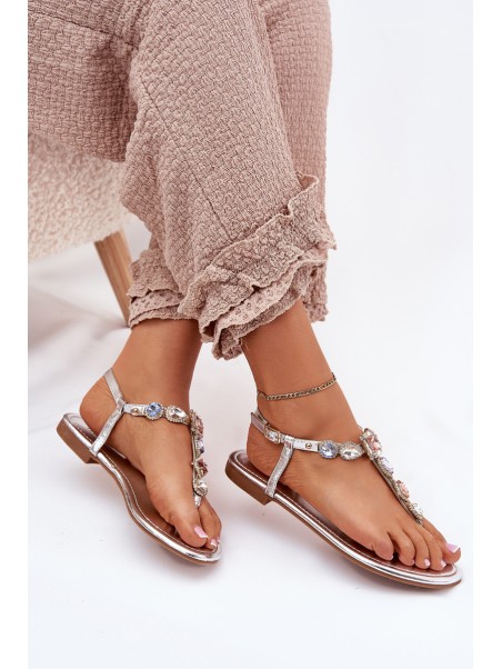 Ladies Sandals On Flat Heel With Crystals Silver Fiolalia