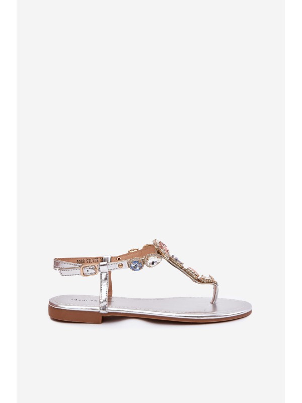 Ladies Sandals On Flat Heel With Crystals Silver Fiolalia