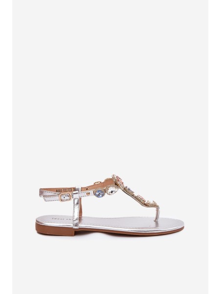 Ladies Sandals On Flat Heel With Crystals Silver Fiolalia