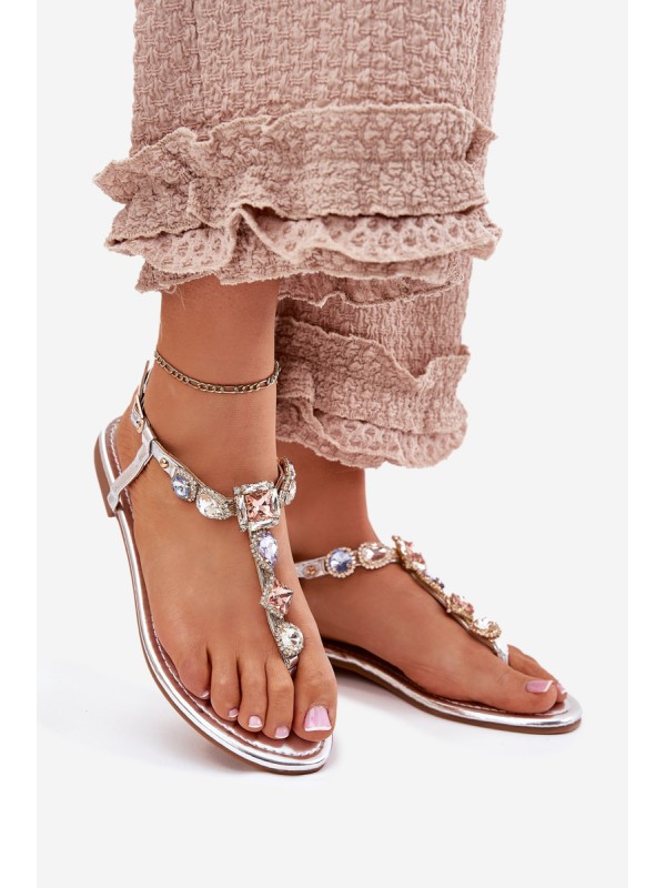 Ladies Sandals On Flat Heel With Crystals Silver Fiolalia
