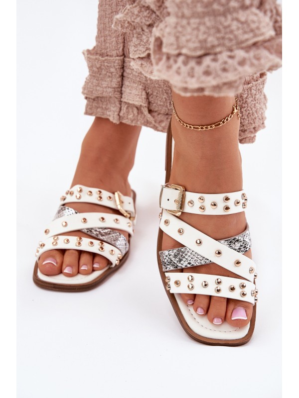 Embellished women's flip flops on flat heel with straps and buckle white Manitte