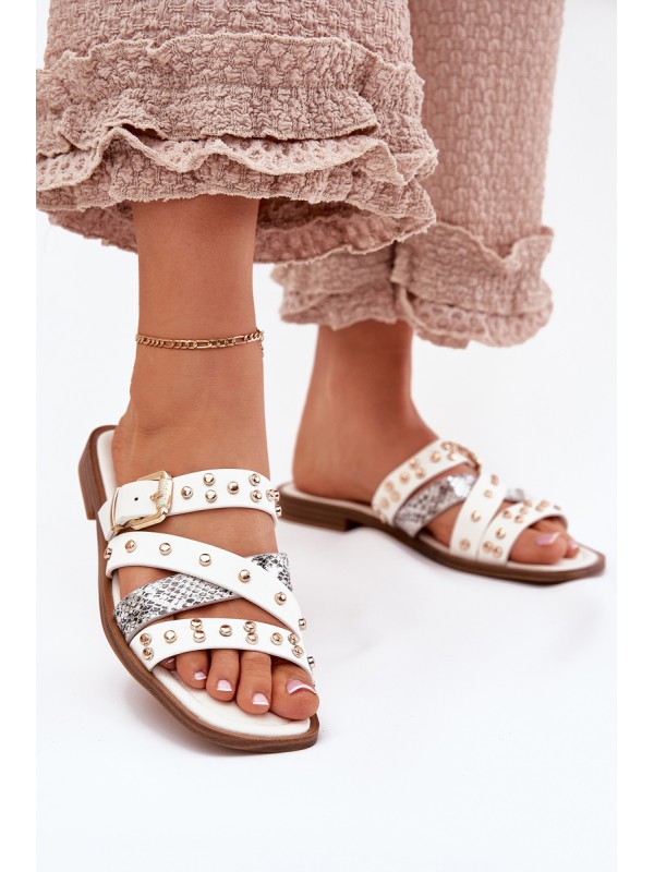 Embellished women's flip flops on flat heel with straps and buckle white Manitte 2
