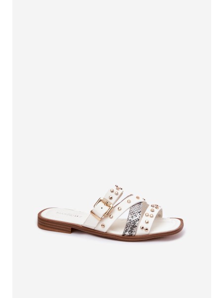 Embellished women's flip flops on flat heel with straps and buckle white Manitte