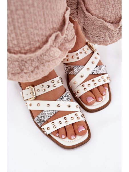 Embellished women's flip flops on flat heel with straps and buckle white Manitte