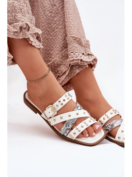 Embellished women's flip flops on flat heel with straps and buckle white Manitte