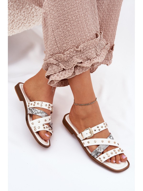 Embellished women's flip flops on flat heel with straps and buckle white Manitte Embellished women's flip flops on flat heel with straps and buckle white Manitte