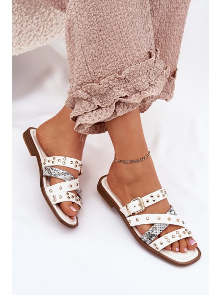 Embellished women's flip flops on flat heel with straps and buckle white Manitte