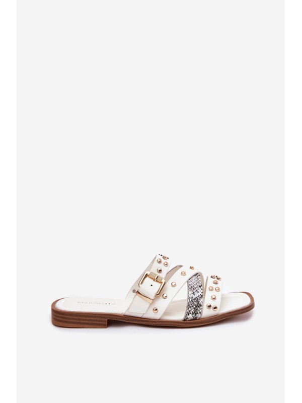 Embellished women's flip flops on flat heel with straps and buckle white Manitte Embellished women's flip flops on flat heel with straps and buckle white Manitte