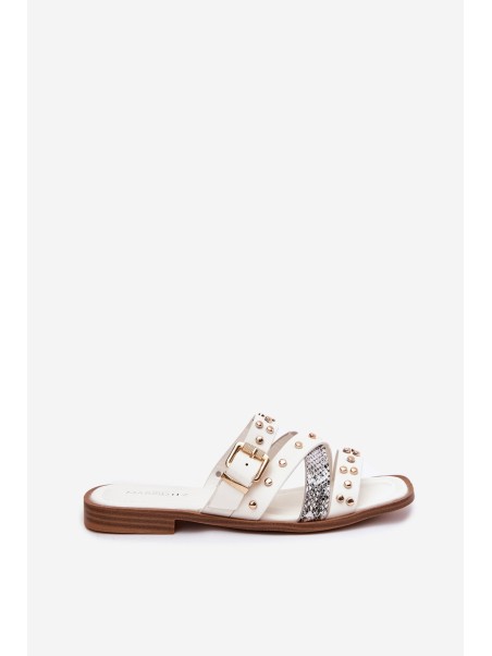 Embellished women's flip flops on flat heel with straps and buckle white Manitte