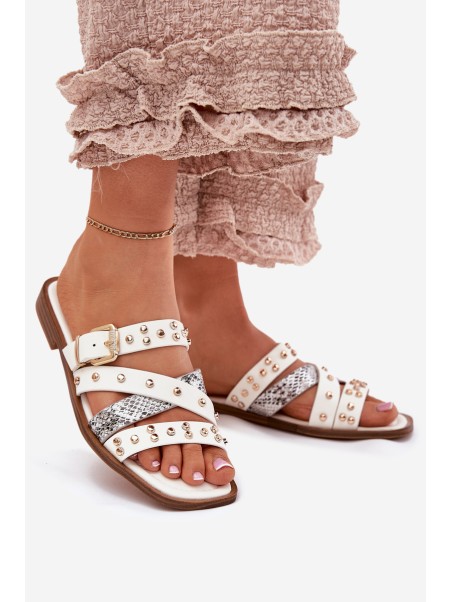 Embellished women's flip flops on flat heel with straps and buckle white Manitte