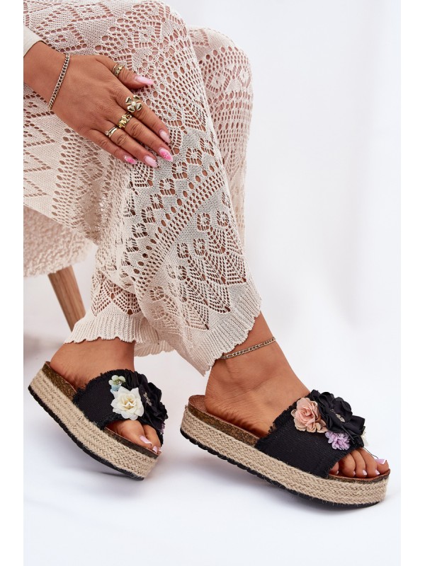 Women's Sandals With Flowers Platform With Braiding Black Zenvanis