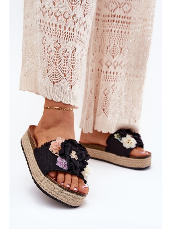 Women's Sandals With Flowers Platform With Braiding Black Zenvanis 2