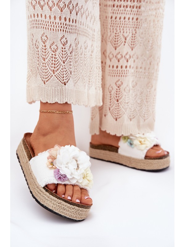 Women's sandals with flowers platform with weaving white Zenvanis
