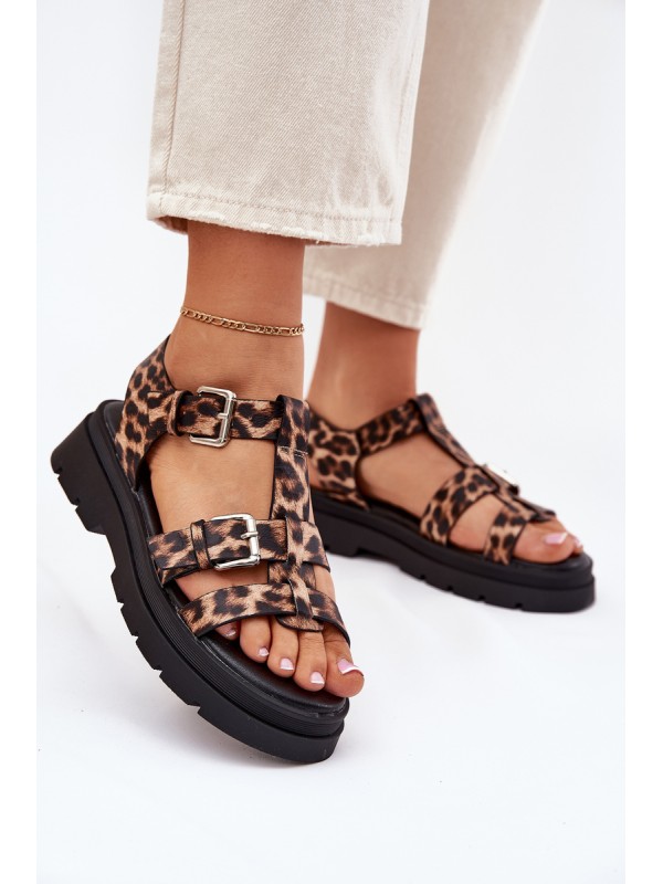 Ladies Eco Leather Sandals With Buckles Leopard Jeneliena