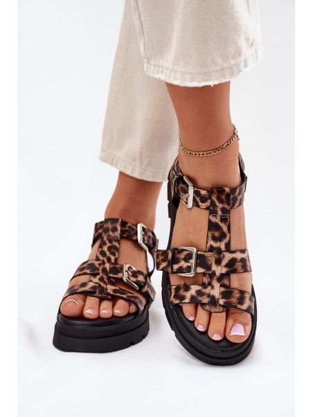 Ladies Eco Leather Sandals With Buckles Leopard Jeneliena