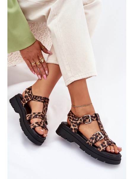 Ladies Eco Leather Sandals With Buckles Leopard Jeneliena