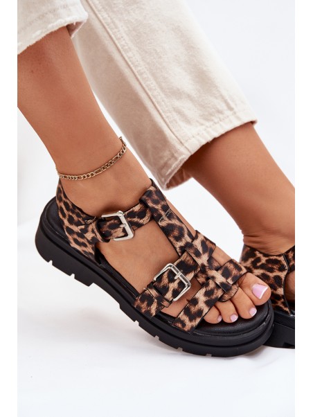 Ladies Eco Leather Sandals With Buckles Leopard Jeneliena