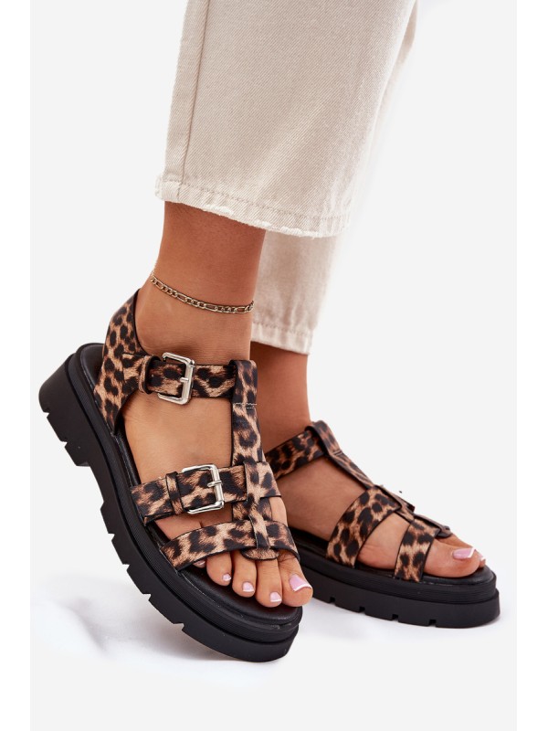 Ladies Eco Leather Sandals With Buckles Leopard Jeneliena