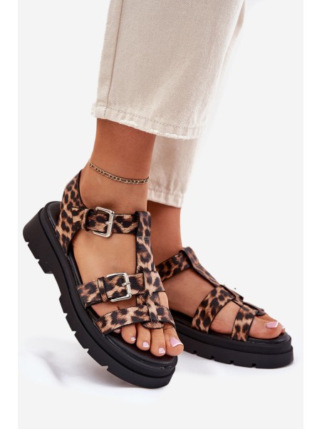 Ladies Eco Leather Sandals With Buckles Leopard Jeneliena