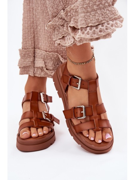 Ladies Eco Leather Sandals With Buckles Camel Jeneliena