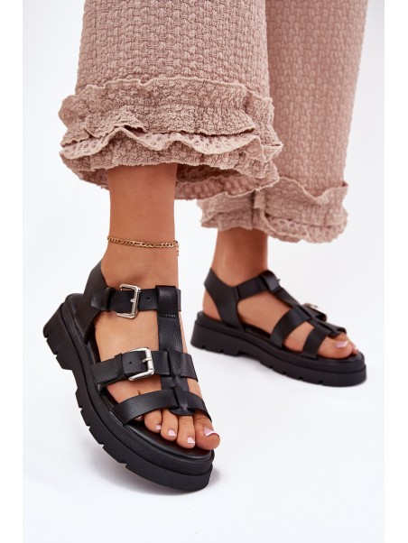 Ladies Eco Leather Sandals With Buckles Black Jeneliena