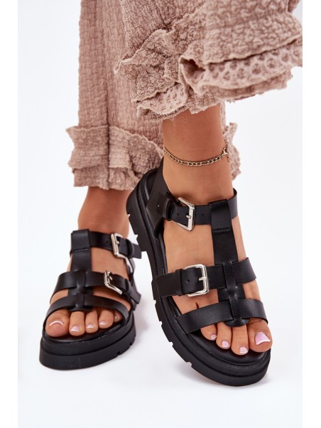 Ladies Eco Leather Sandals With Buckles Black Jeneliena