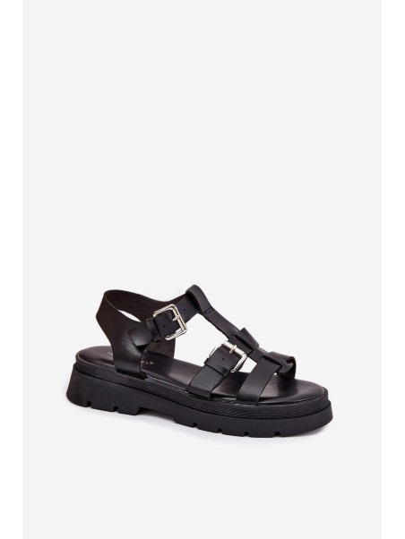Ladies Eco Leather Sandals With Buckles Black Jeneliena